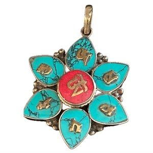 Turquoise and Red Tibetan om mantra pendant